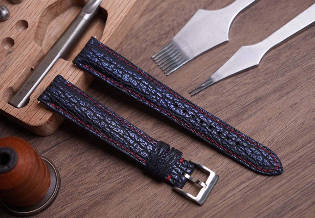 dark navy & red shark leather watch strap