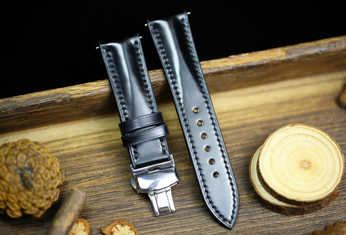 black shell cordovan leather watch strap, long and short piece