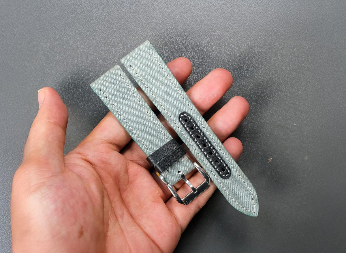 greyish blue canvas leather watch strap