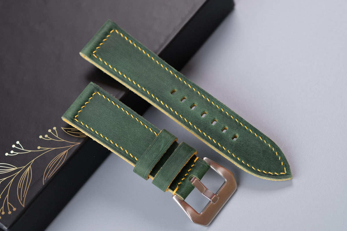 dark green waxed leather watch strap