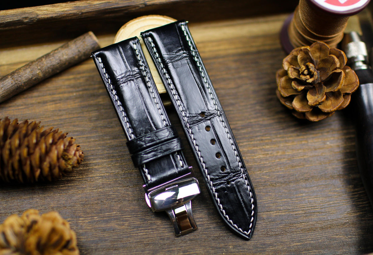black alligator leather watch strap with white stitching, long and short piece