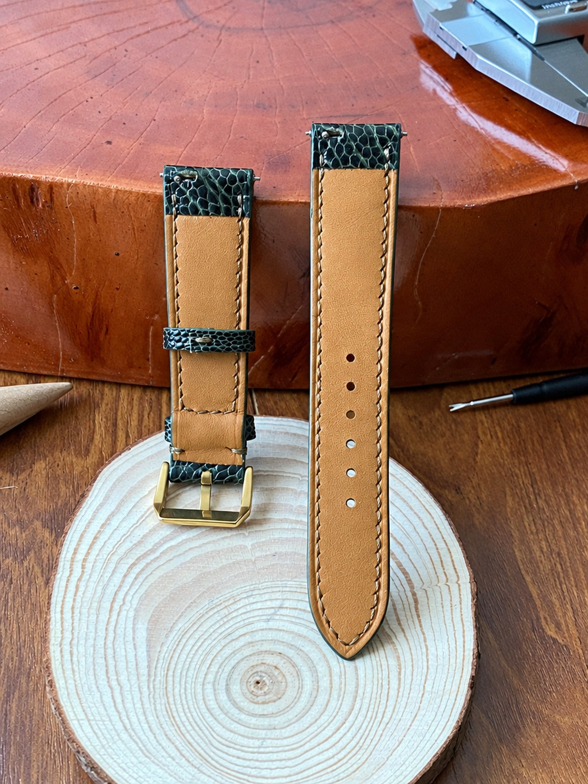 dark green ostrich leg leather watch strap – photo 2