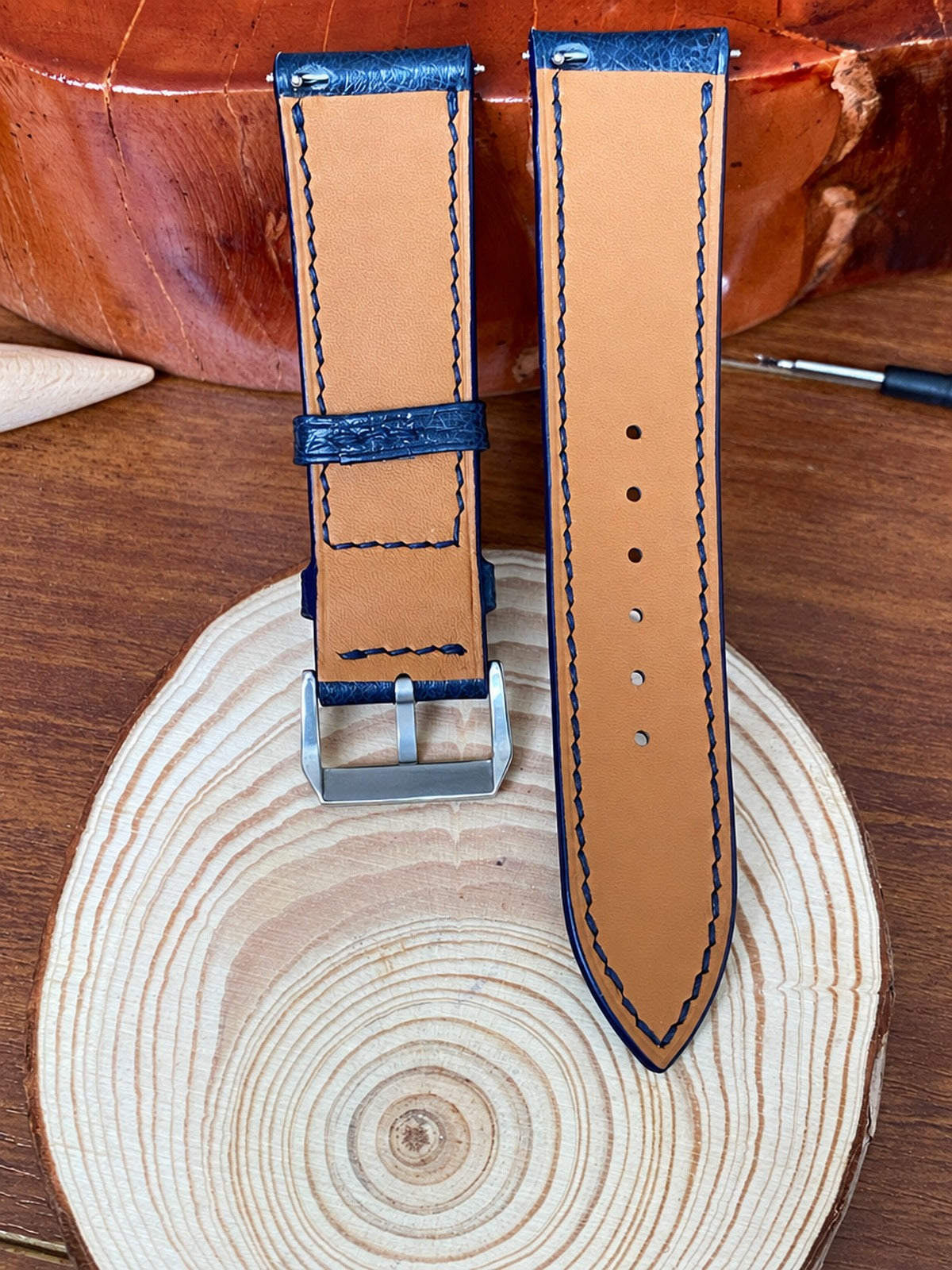 navy blue ostrich leather watch strap – photo 2