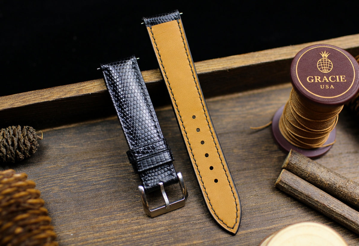 medium shine black lizard leather watch strap – photo 2