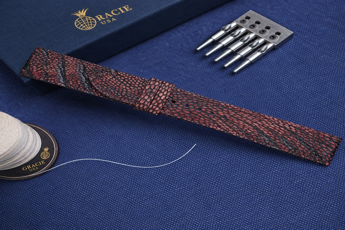 burgundy ostrich leg leather watch strap – photo 3