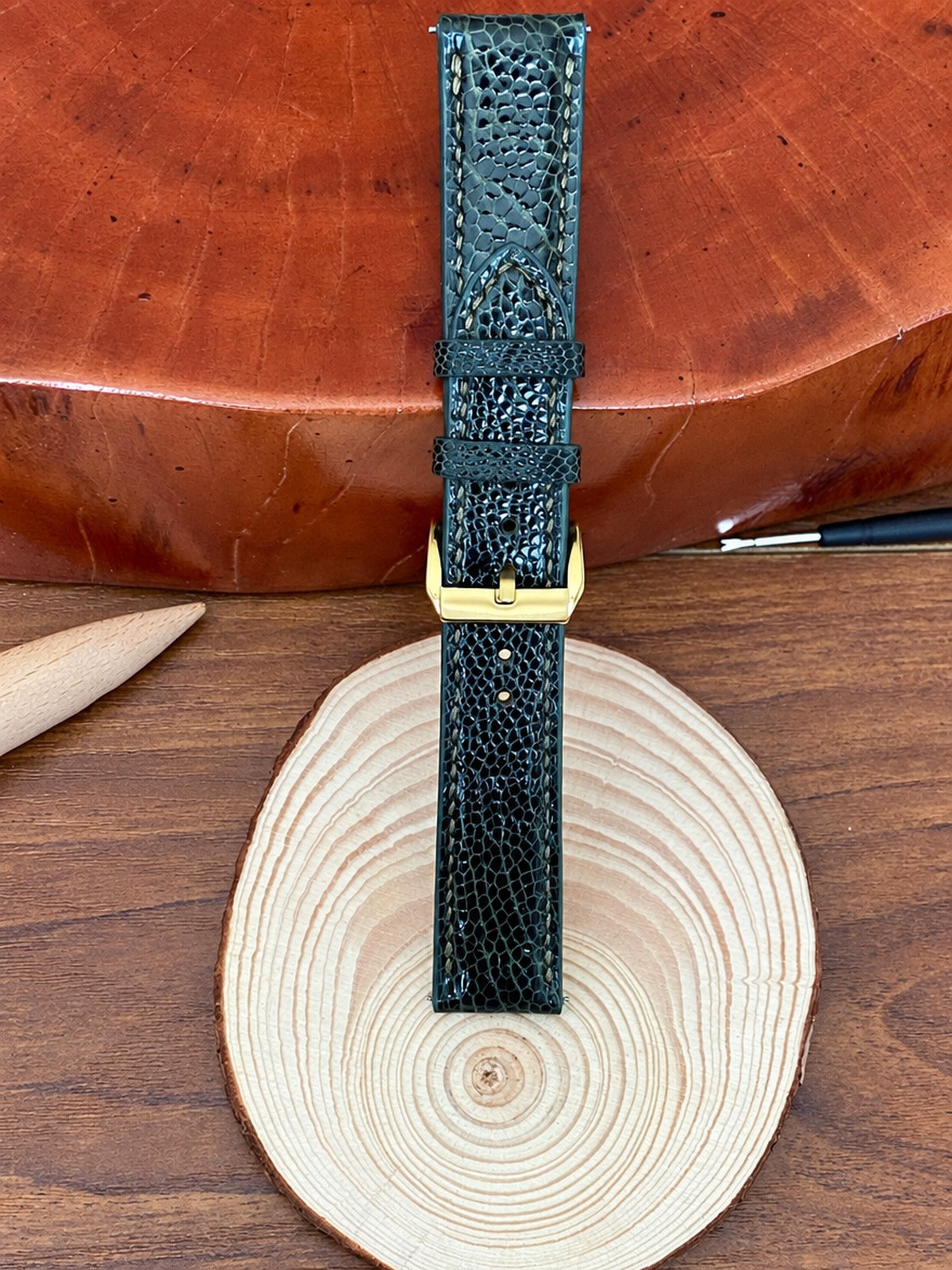 dark green ostrich leg leather watch strap – photo 3