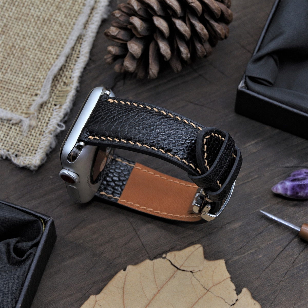 olive ostrich leg leather watch strap – photo 3