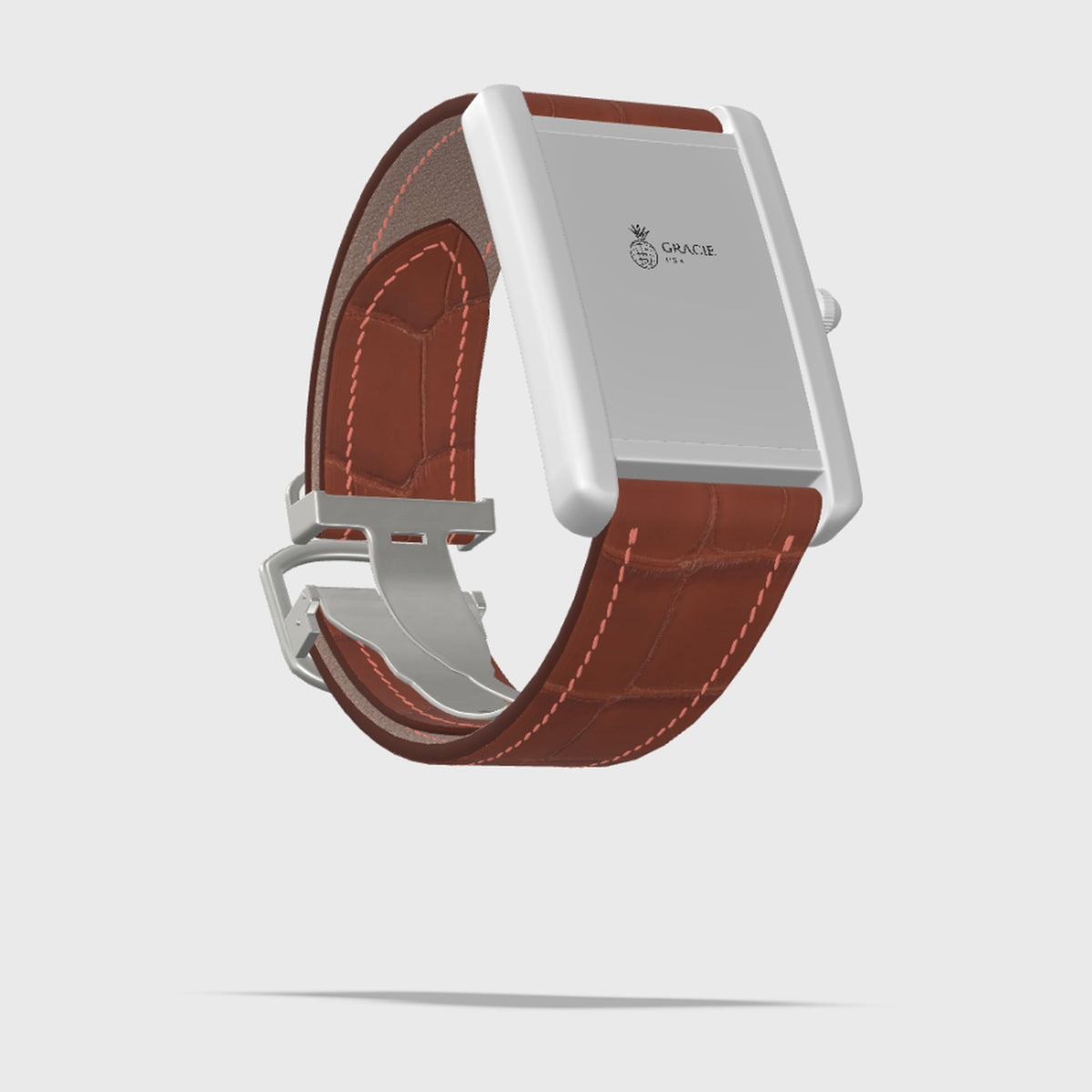 cognac alligator double folding leather watch strap, 3D preview