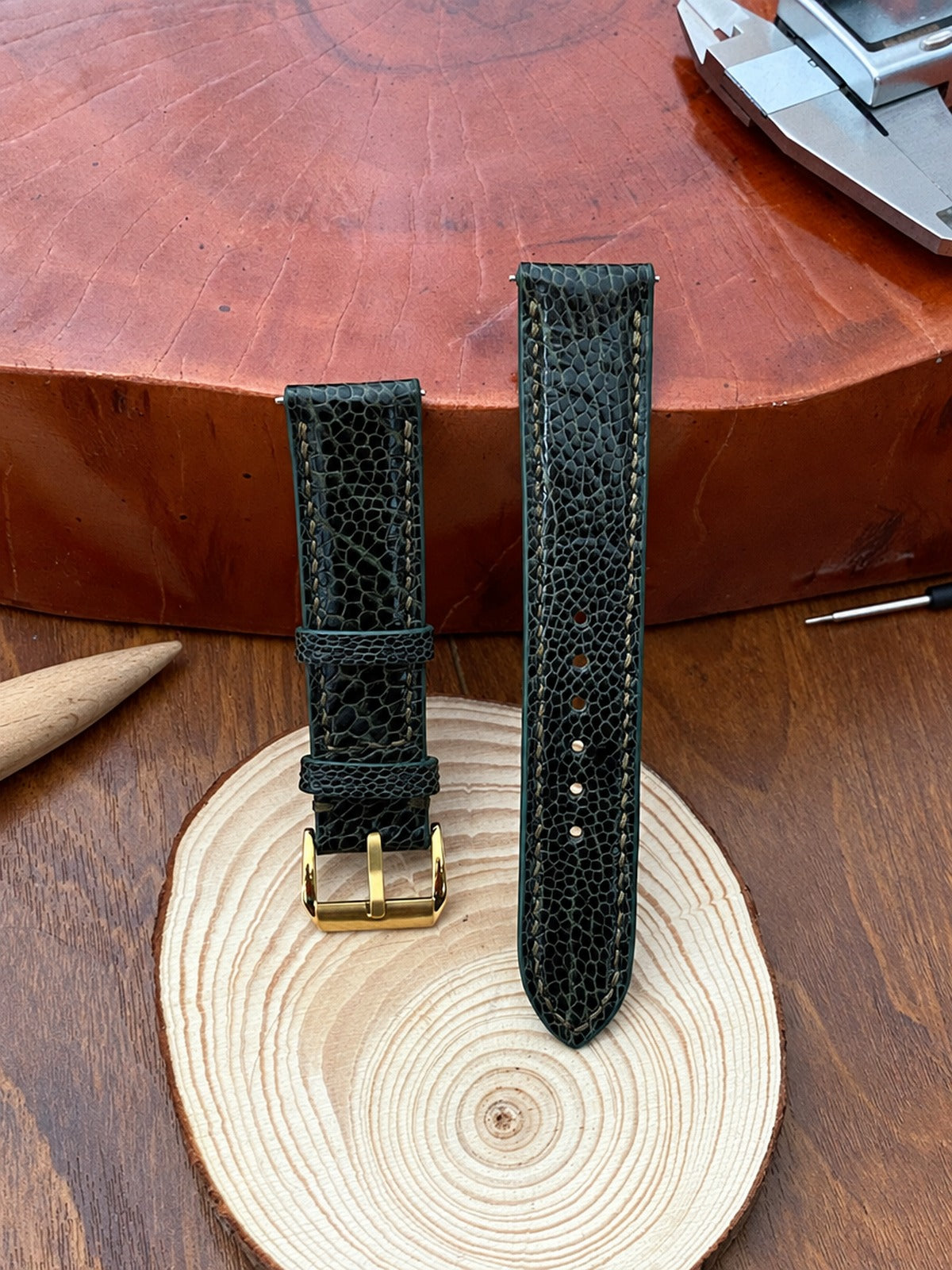 dark green ostrich leg leather watch strap – photo 4