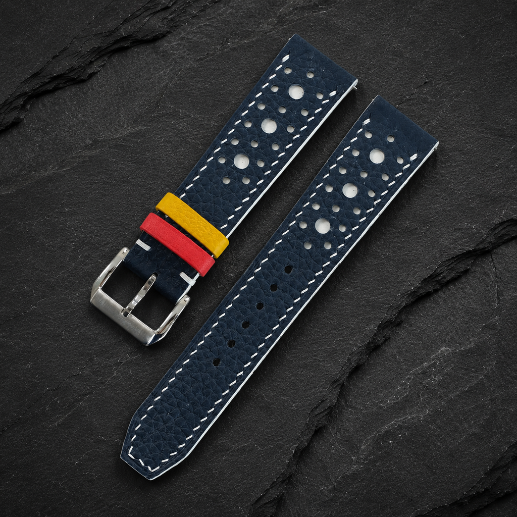 Navy and White Racing Large Holes Rally Togo Leather Watch Strap
