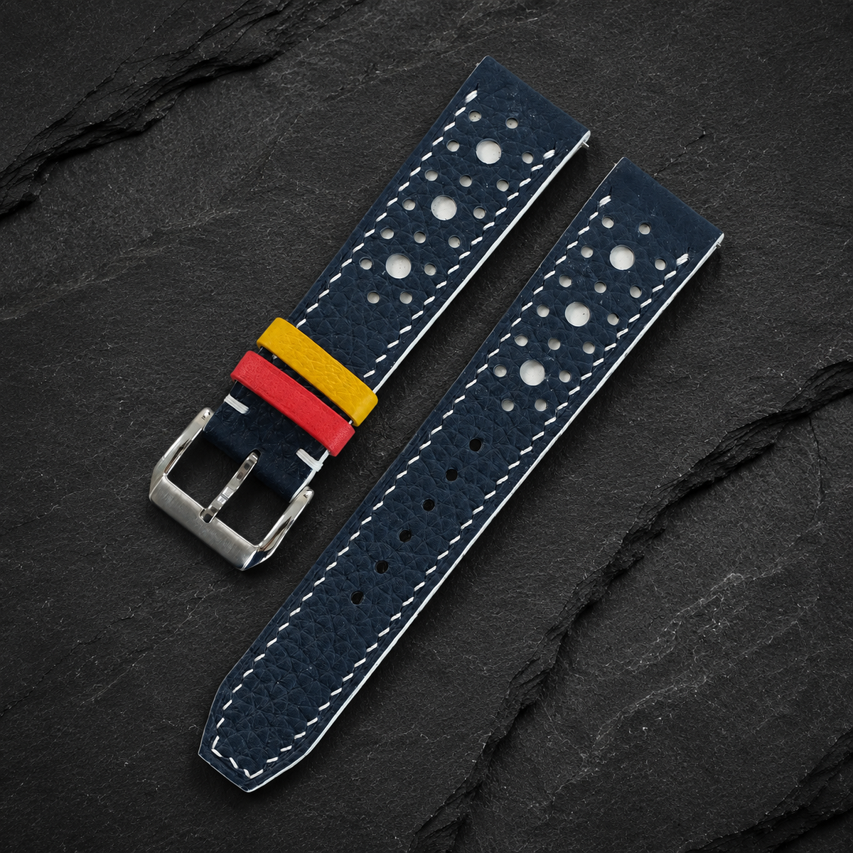 Navy and White Racing Large Holes Rally Togo Leather Watch Strap