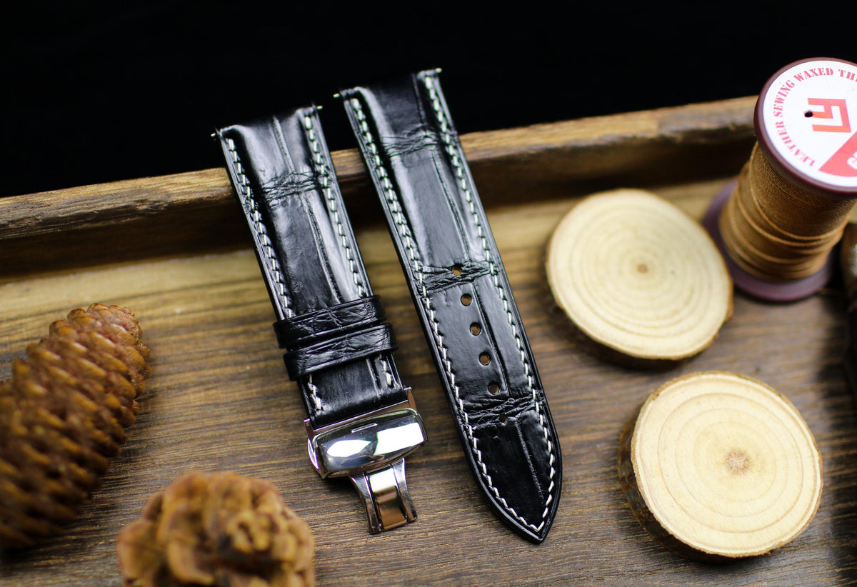 black alligator leather watch strap with white stitching – photo 3
