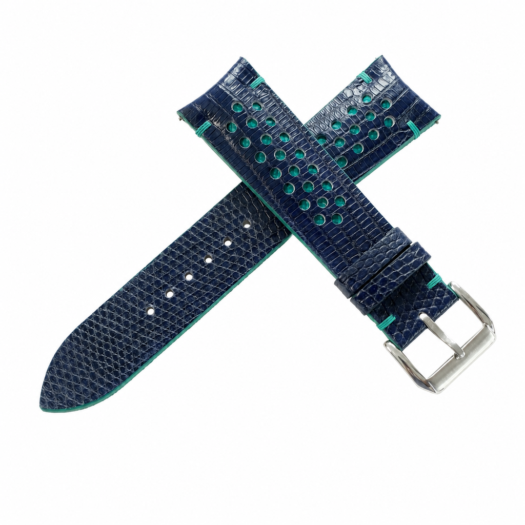 Navy and Turquoise Racing Holes Rally Lizard Leather Watch Strap
