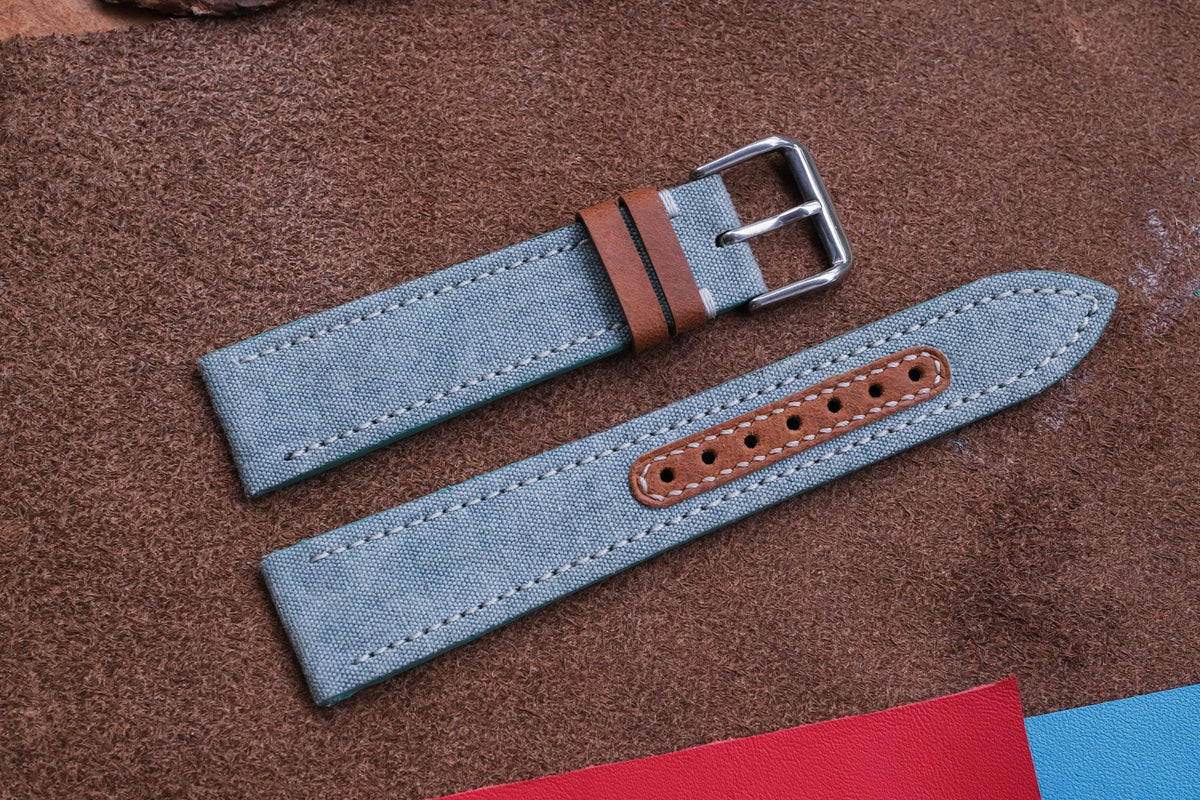 blue gray & brown canvas leather watch strap – photo 2