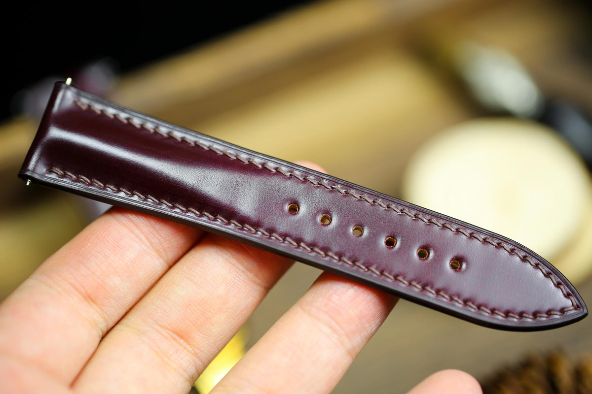oxblood cherry red shell cordovan leather watch strap with gold clasp – photo 5