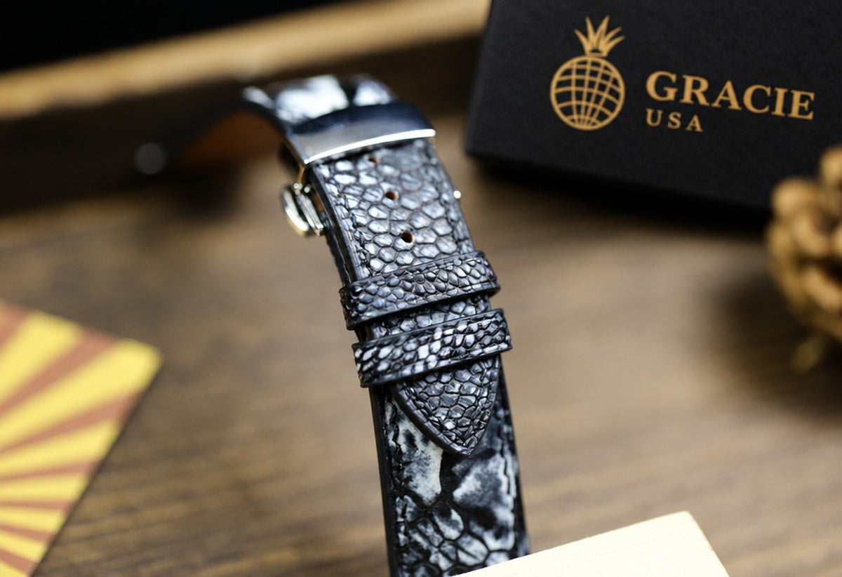 patina black ostrich leg leather watch strap – photo 5