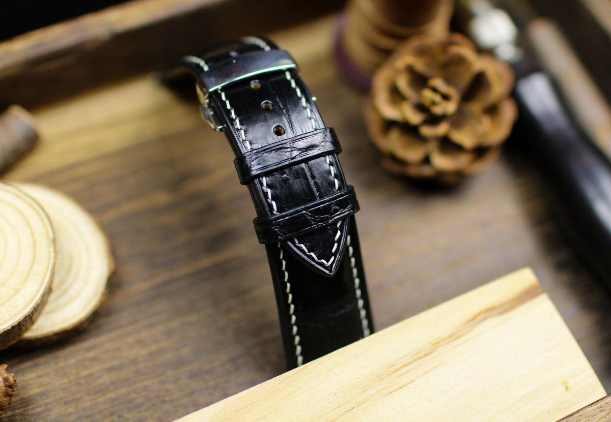 black alligator leather watch strap with white stitching – photo 5