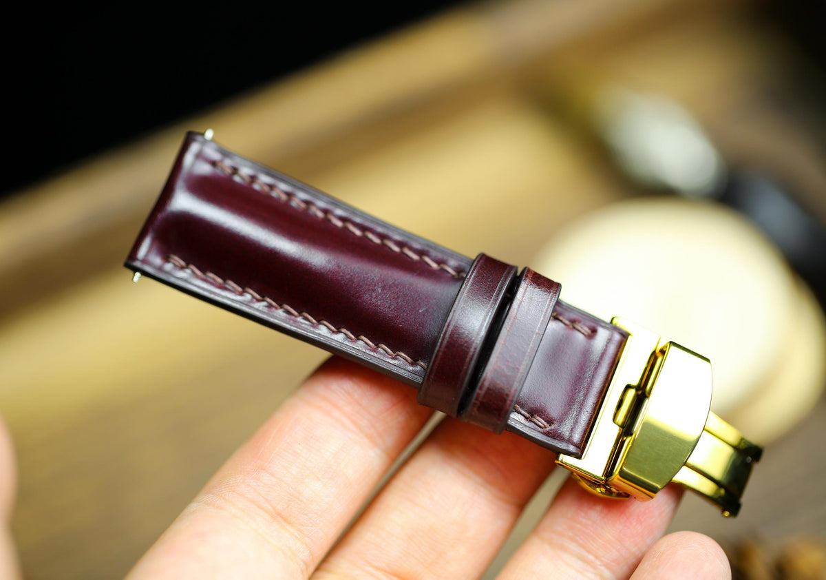 oxblood cherry red shell cordovan leather watch strap with gold clasp – photo 6