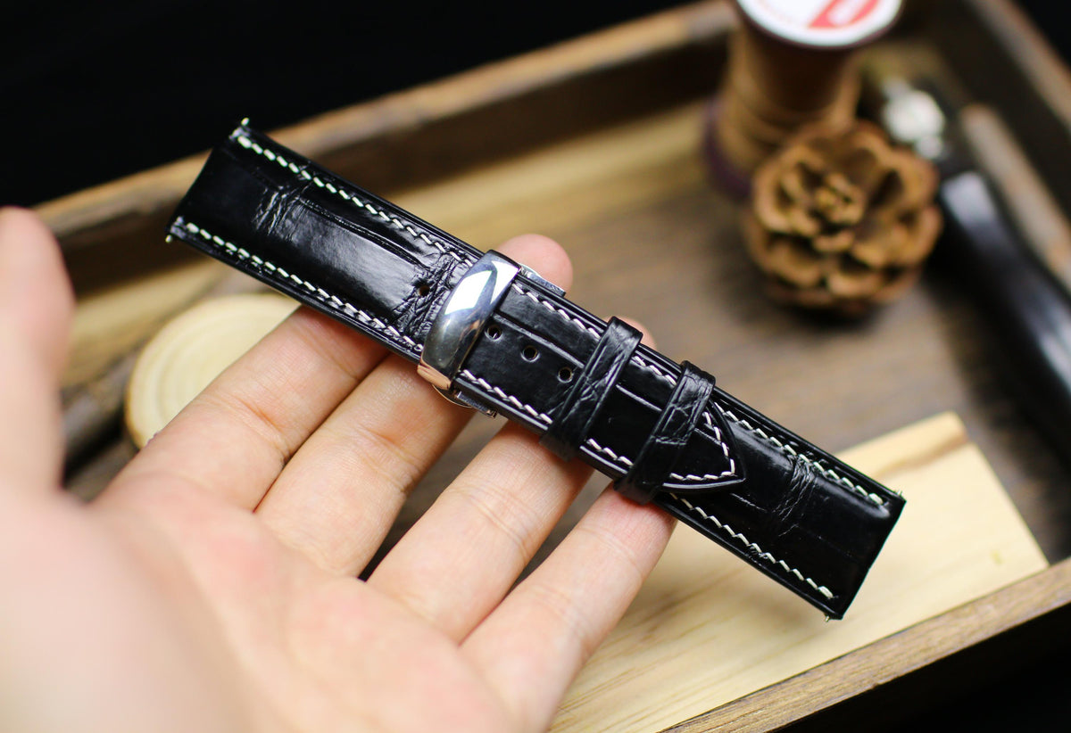 black alligator leather watch strap with white stitching – photo 7