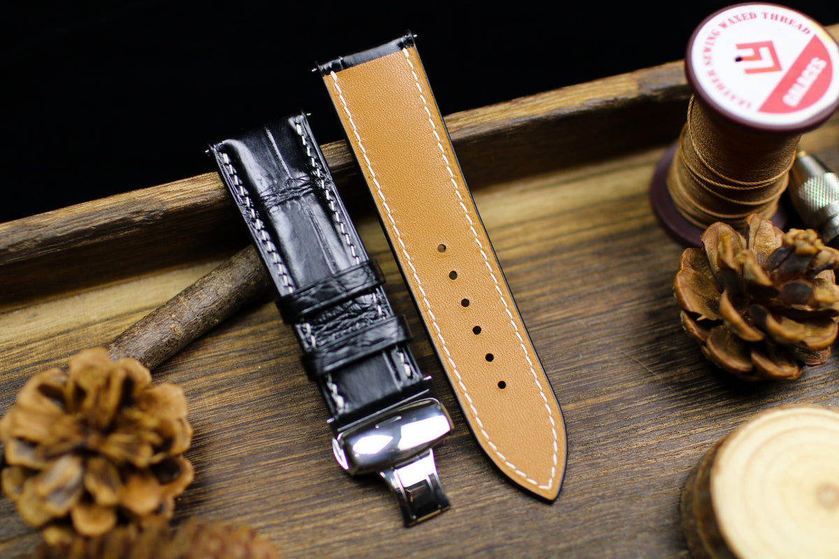 black alligator leather watch strap with white stitching – photo 8