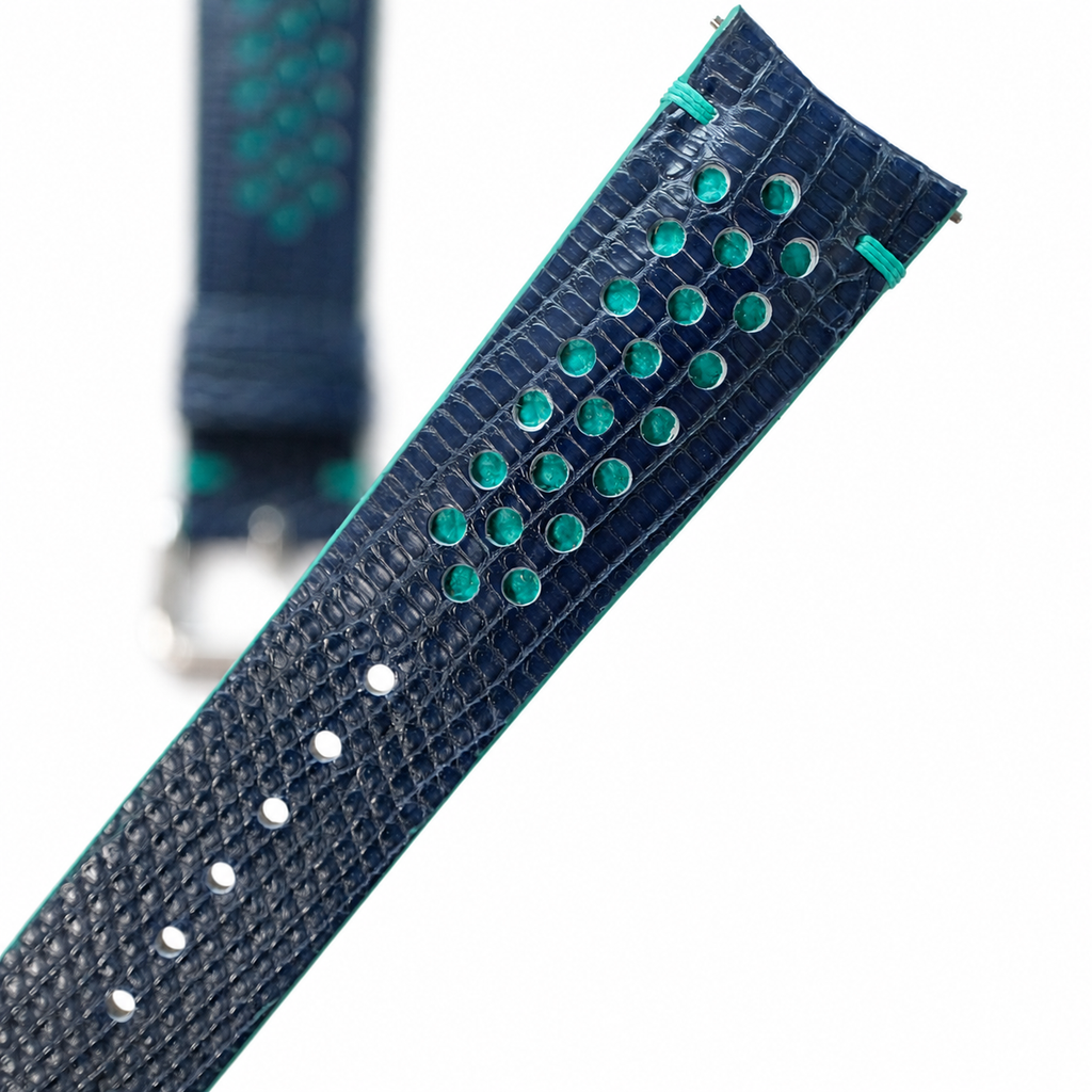 Navy and Turquoise Racing Holes Rally Lizard Leather Watch Strap