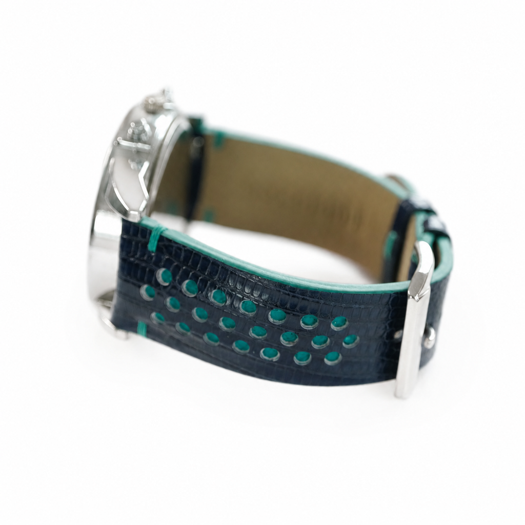 Navy and Turquoise Racing Holes Rally Lizard Leather Watch Strap