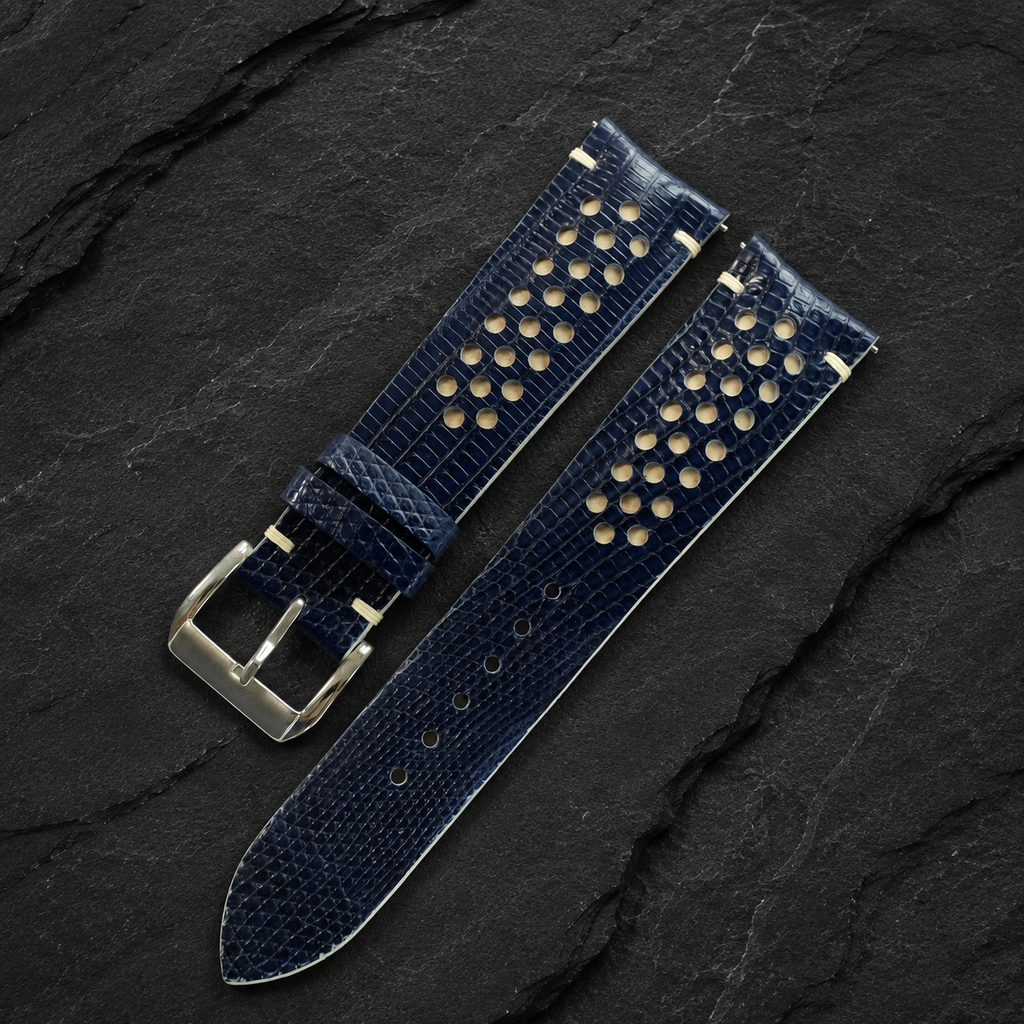 Navy and Cream Racing Holes Rally Lizard Leather Watch Strap