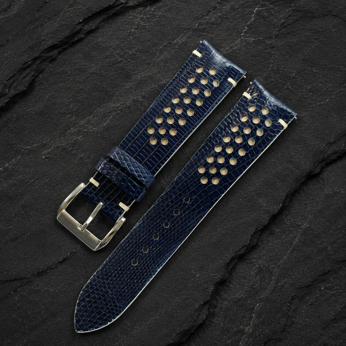 Navy and Cream Racing Holes Rally Lizard Leather Watch Strap