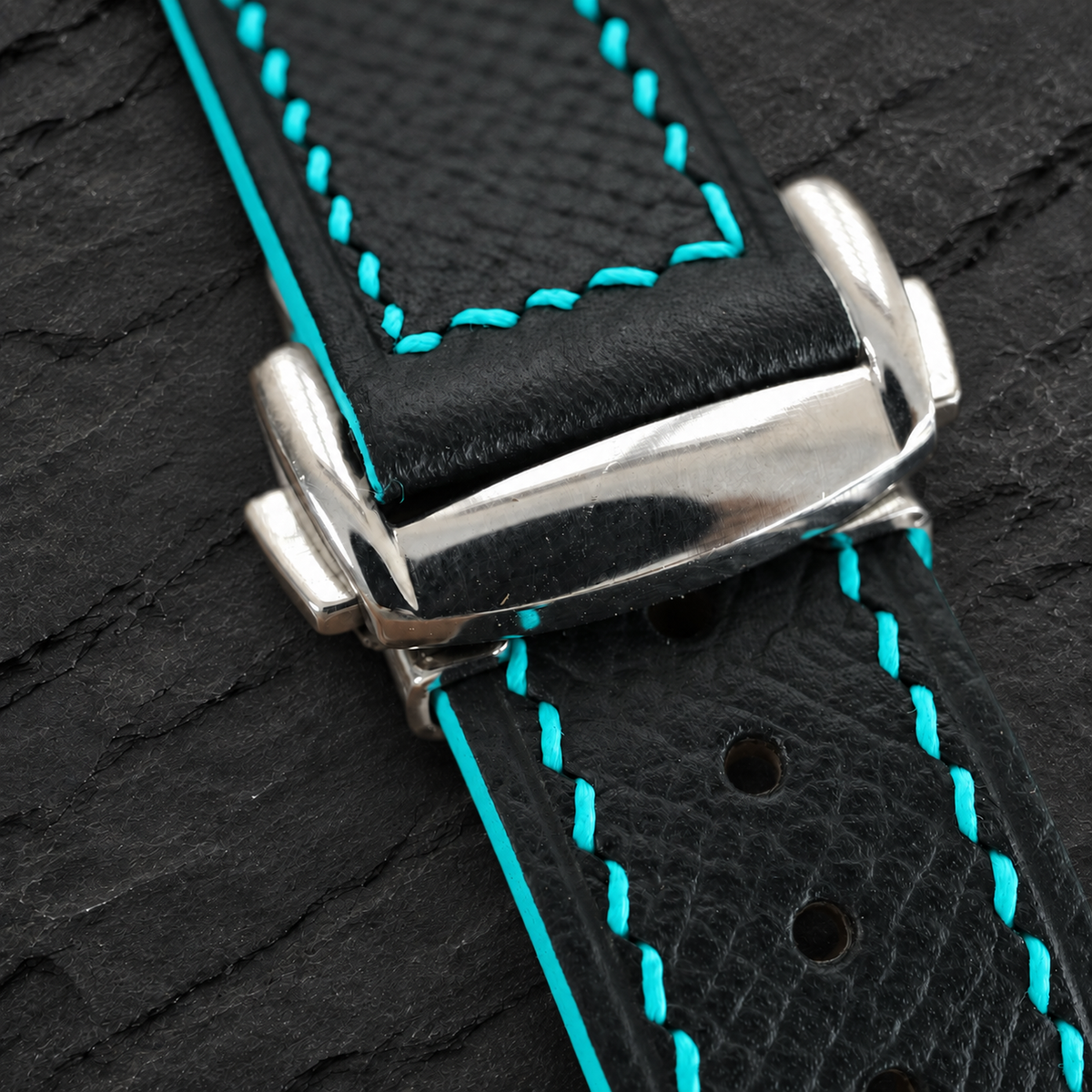 Deployant Black Turquoise Racing Holes Rally Epsom Leather Watch Strap