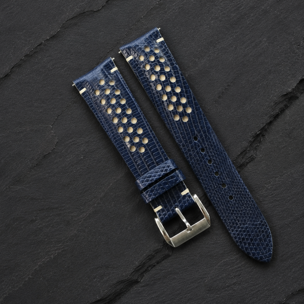 Navy and Cream Racing Holes Rally Lizard Leather Watch Strap
