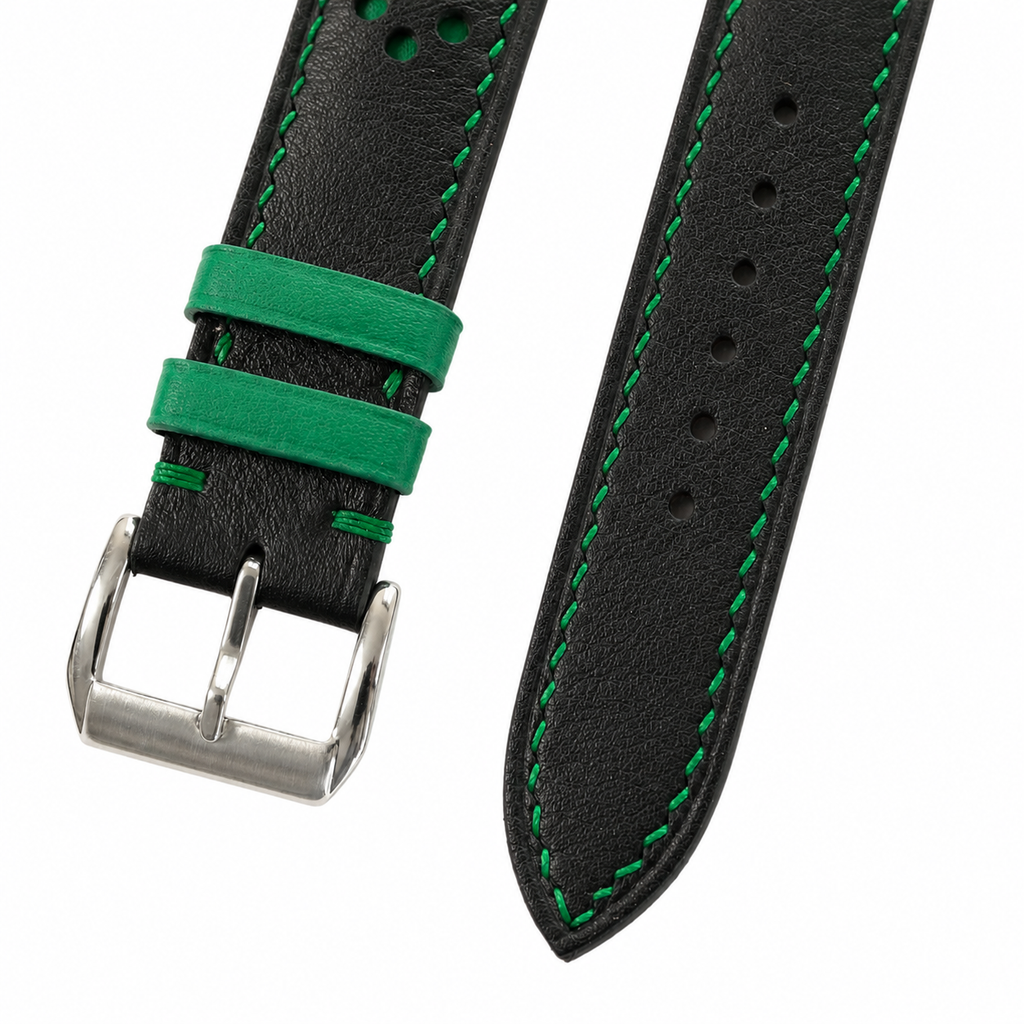 Black and Green Racing Holes Rally Swift Leather Watch Strap