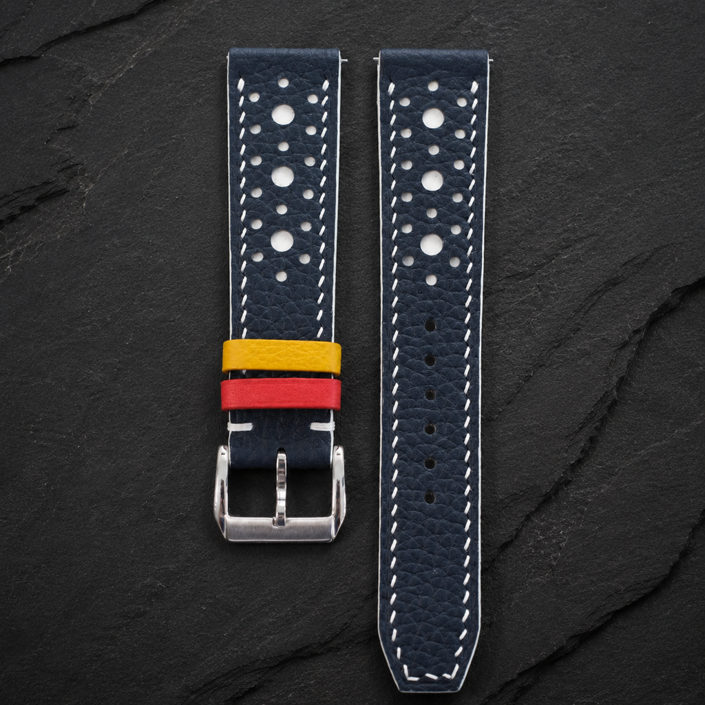 Navy and White Racing Large Holes Rally Togo Leather Watch Strap