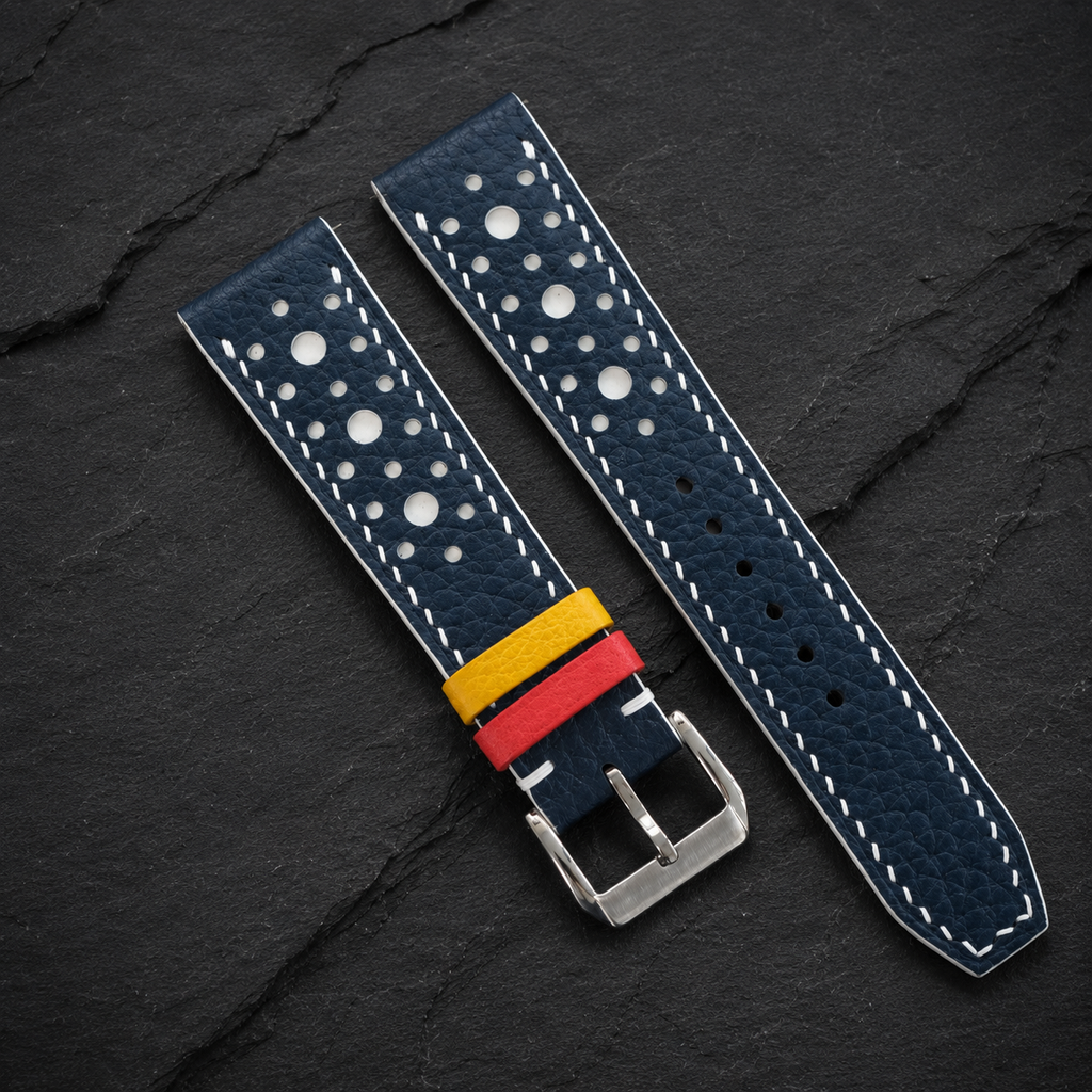 Navy and White Racing Large Holes Rally Togo Leather Watch Strap