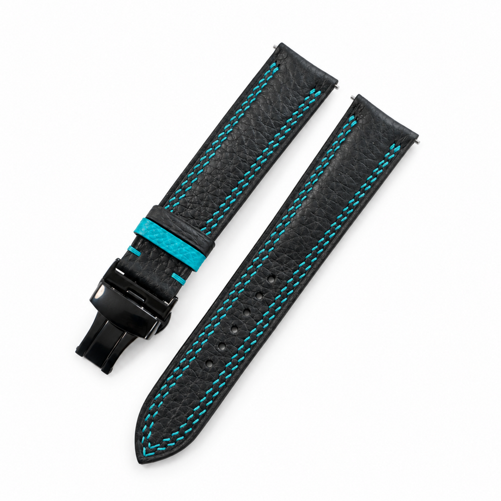 Black Togo Turquoise Double Stitch Leather Watch Strap