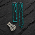 Deployant Black Turquoise Racing Holes Rally Epsom Leather Watch Strap