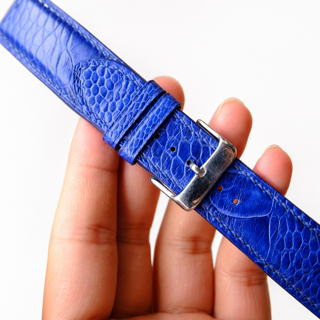 Padded Blue Ostrich Leg Leather Watch Strap
