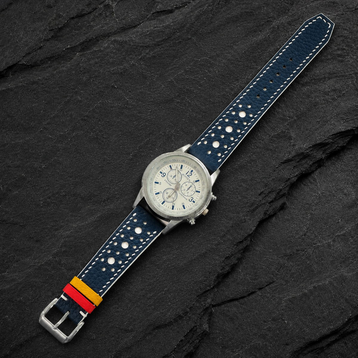 Navy and White Racing Large Holes Rally Togo Leather Watch Strap