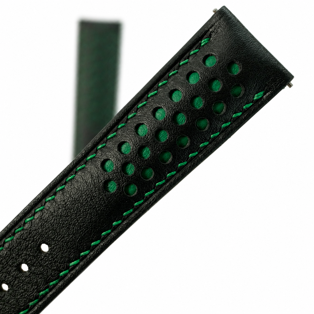 Black and Green Racing Holes Rally Swift Leather Watch Strap