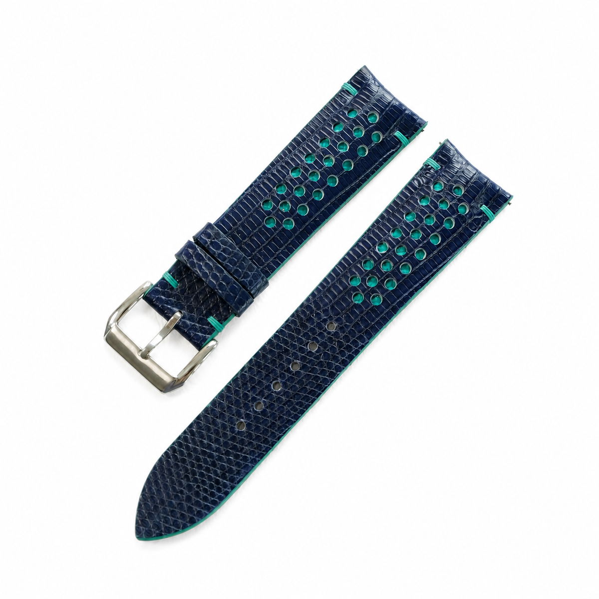 Navy and Turquoise Racing Holes Rally Lizard Leather Watch Strap