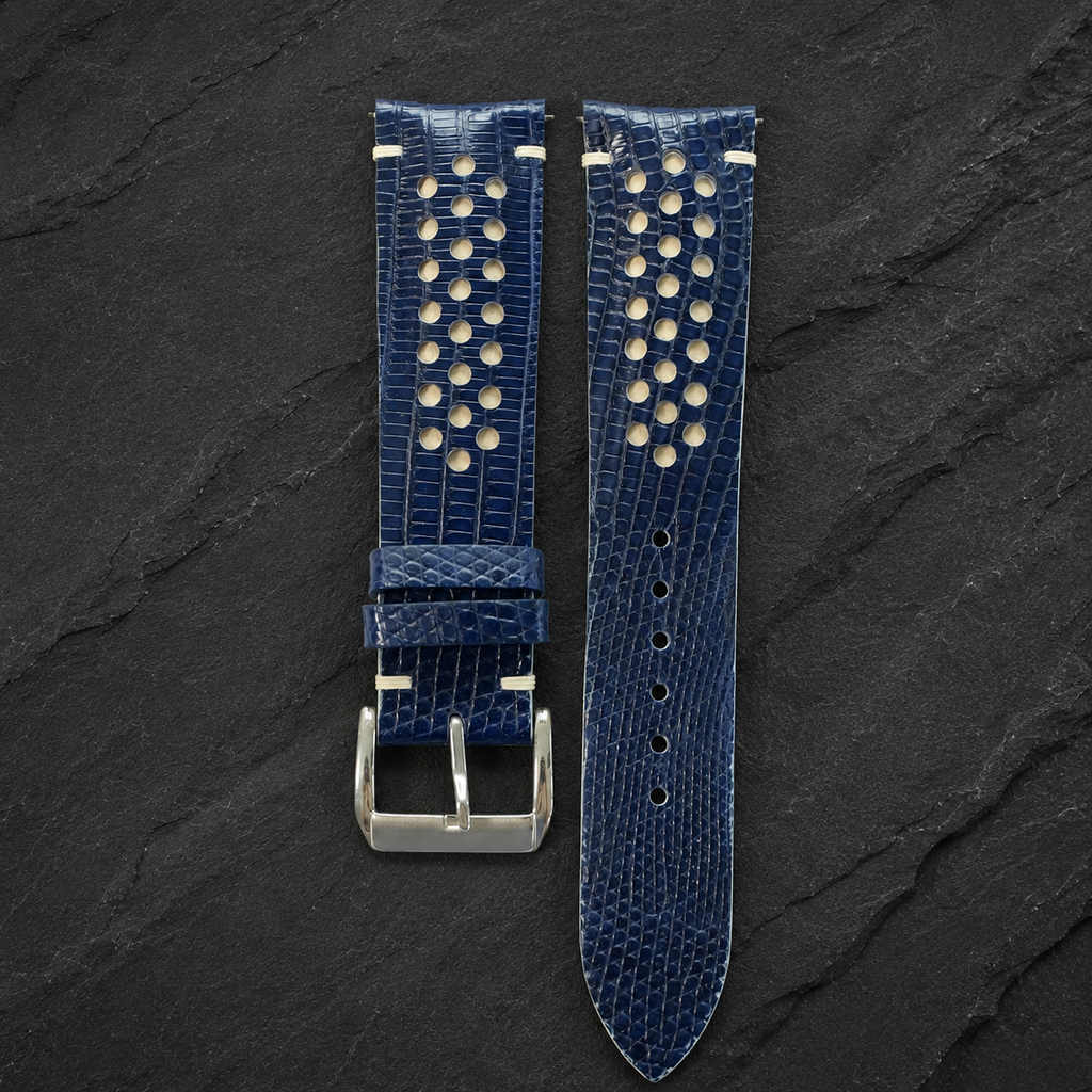 Navy and Cream Racing Holes Rally Lizard Leather Watch Strap