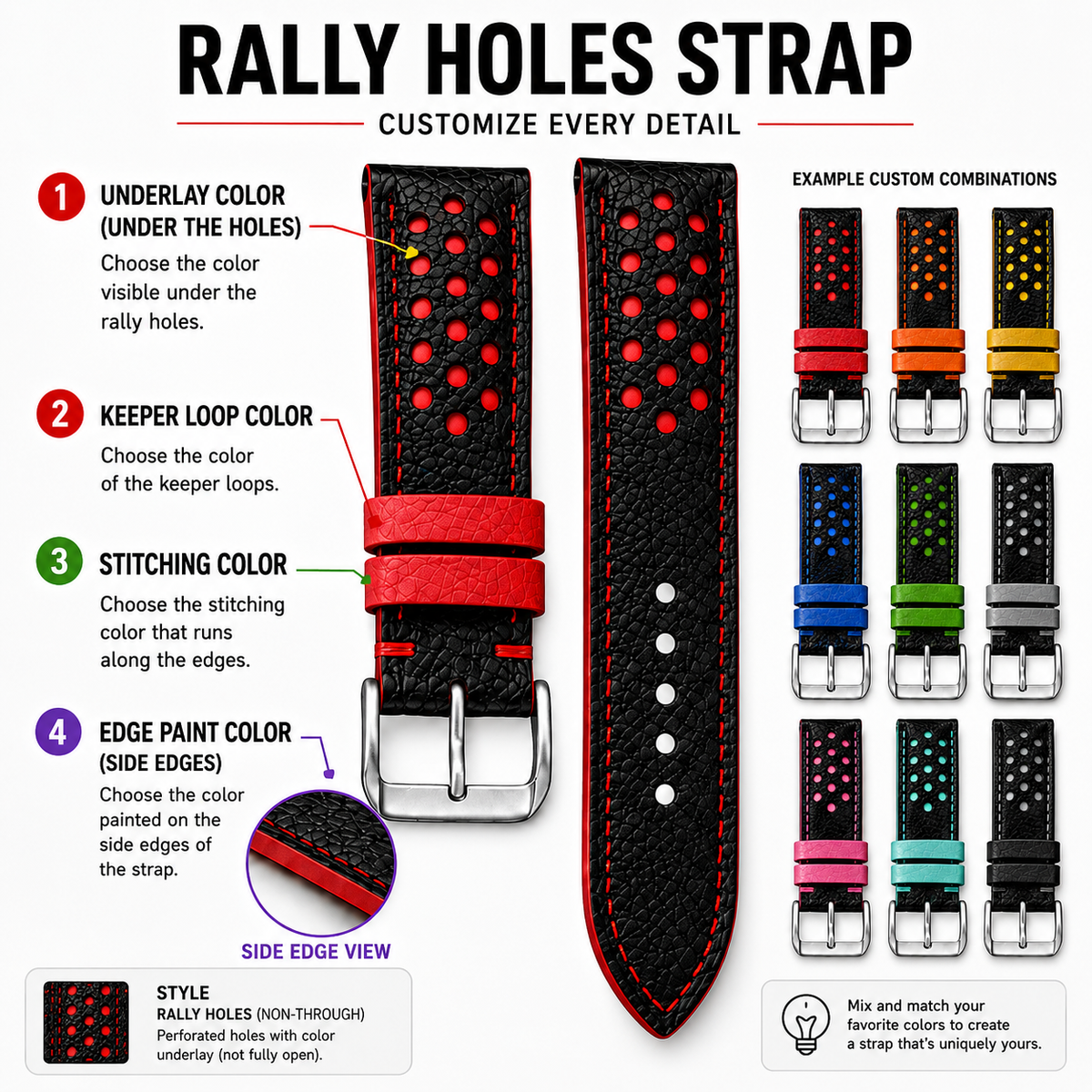 Custom Racing Holes Rally Leather Watch Strap - Contrast Color Underlay