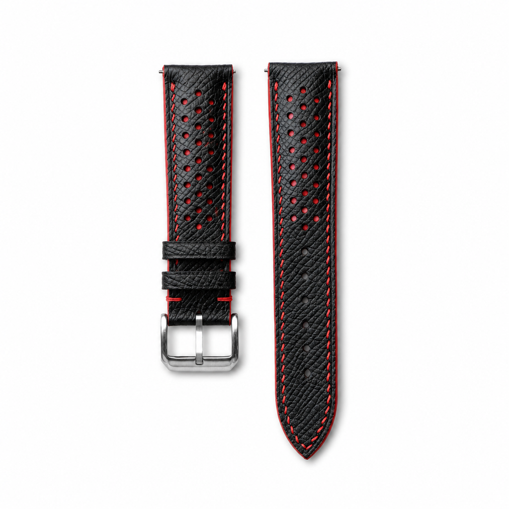 Flat Black Red Racing Holes Rally Epsom Leather Watch Strap