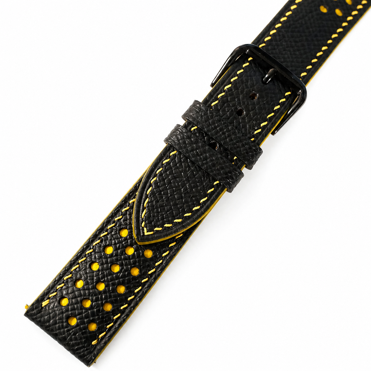 Padded Black Yellow Racing Holes Rally Epsom Leather Watch Strap