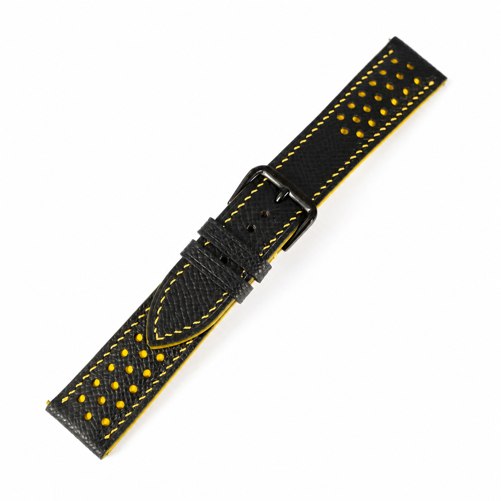 Padded Black Yellow Racing Holes Rally Epsom Leather Watch Strap