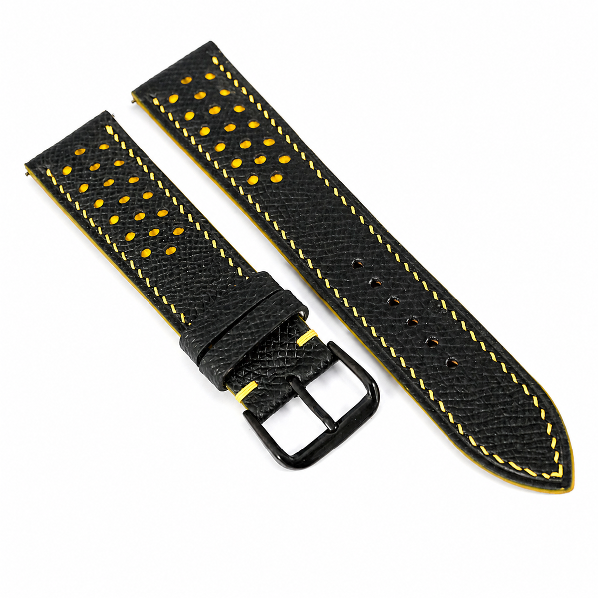 Padded Black Yellow Racing Holes Rally Epsom Leather Watch Strap