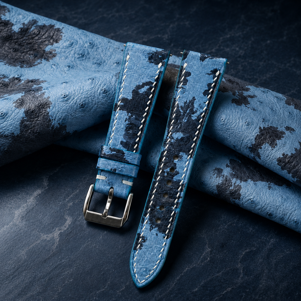 Sky Blue Navy Camo Ostrich Leather Watch Strap