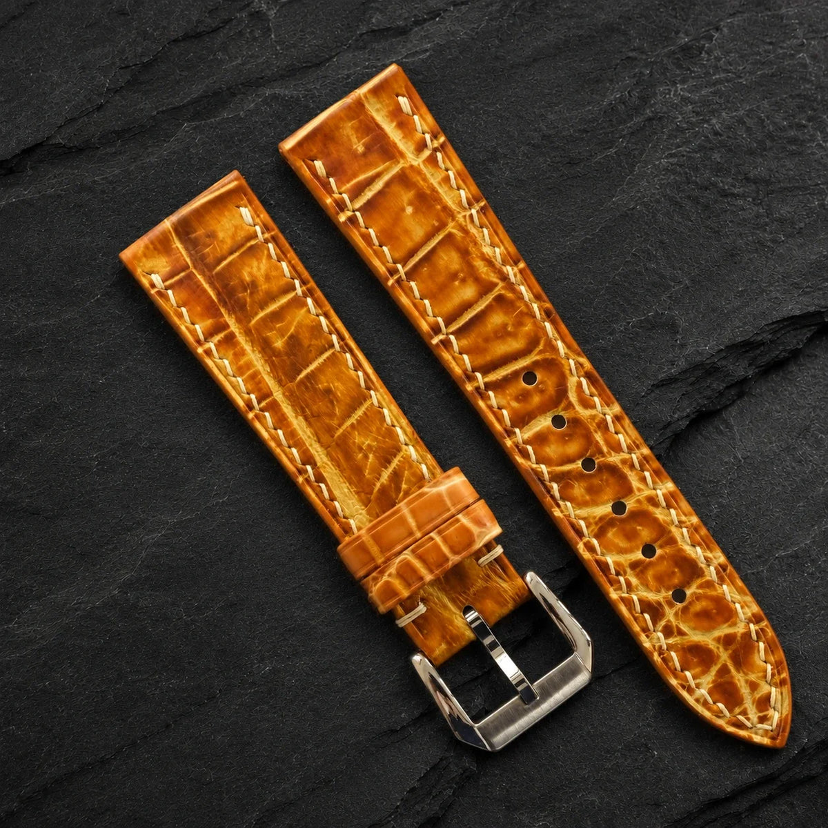 Amber Cognac Hand-Patina Alligator Leather Watch Strap