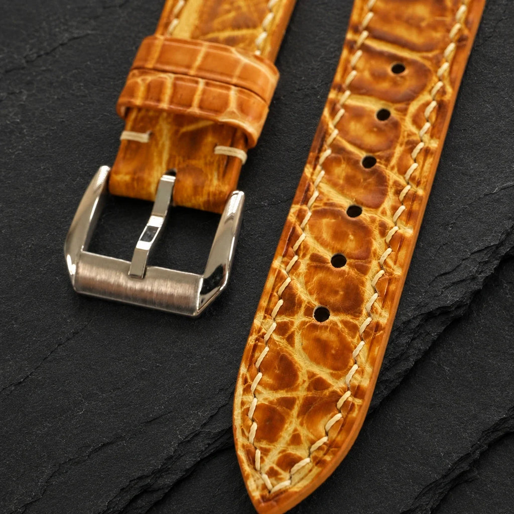 Amber Cognac Hand-Patina Alligator Leather Watch Strap