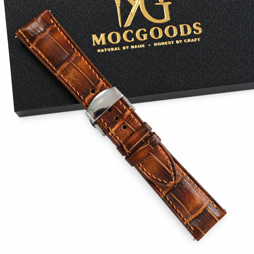 Antique Cognac Brown Patina Alligator Leather Watch Strap