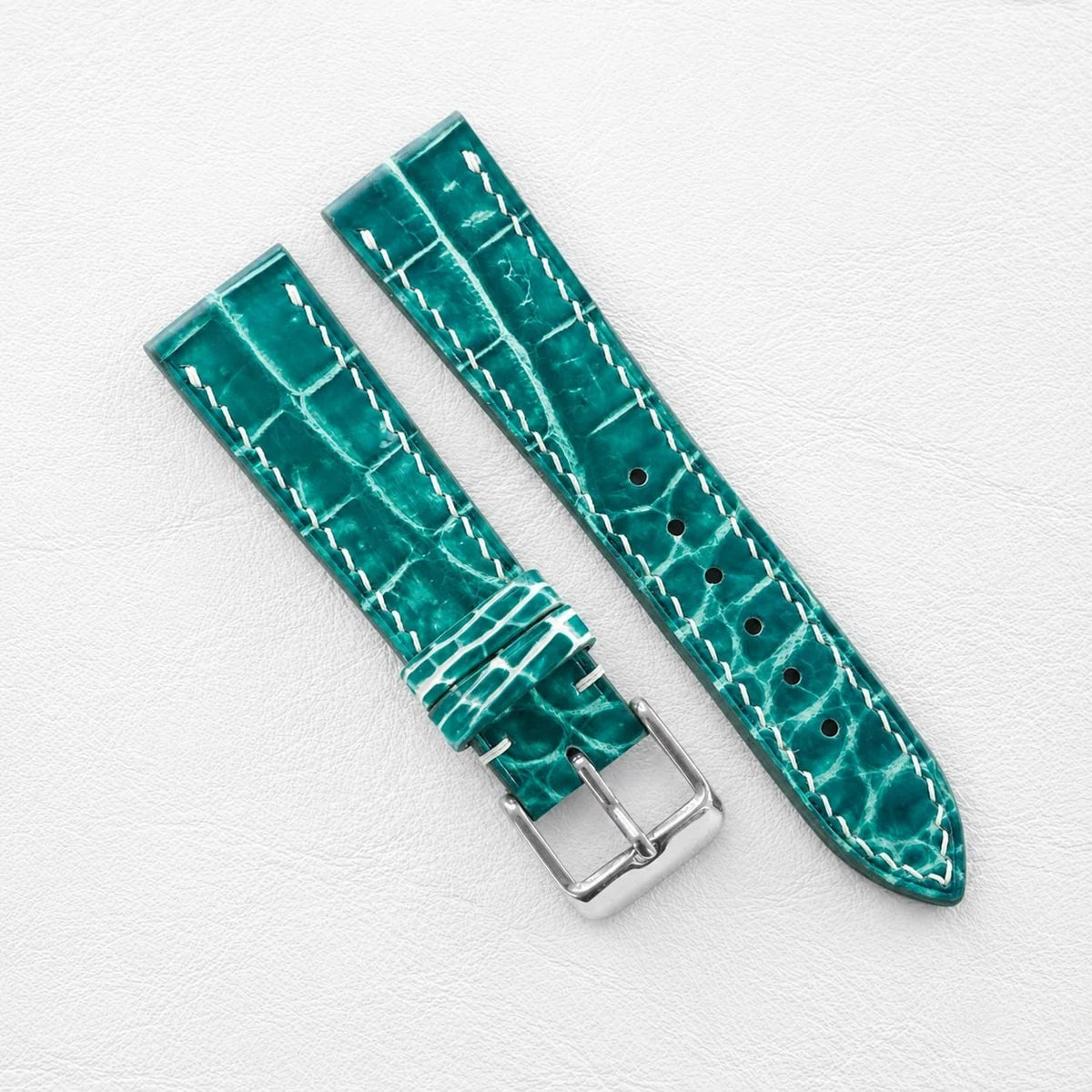 Aqua Green Hand-patina Alligator Leather Watch Strap